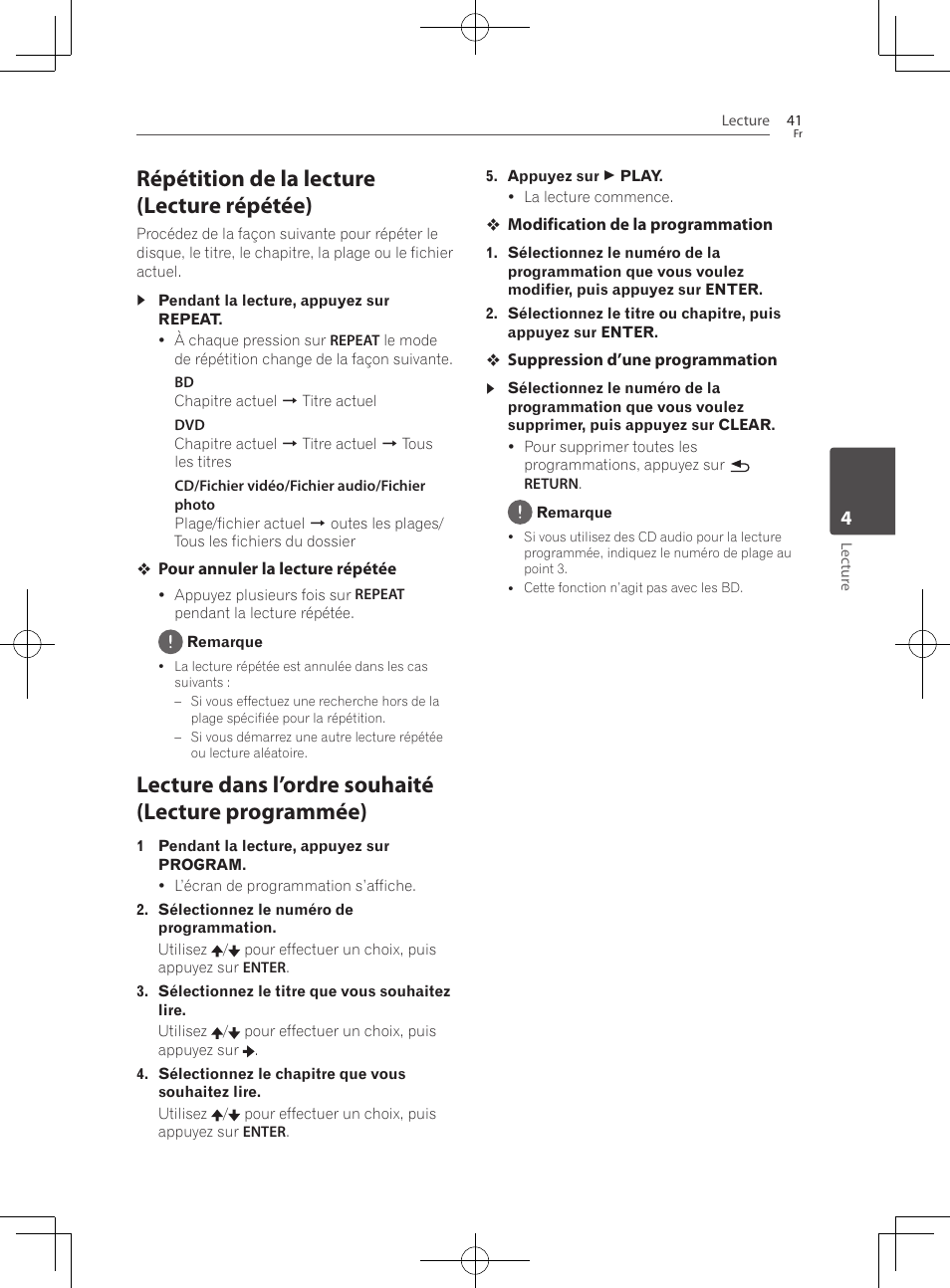 Répétition de la lecture (lecture répétée), Lecture dans l’ordre souhaité (lecture programmée) | Pioneer BCS-222 User Manual | Page 117 / 468