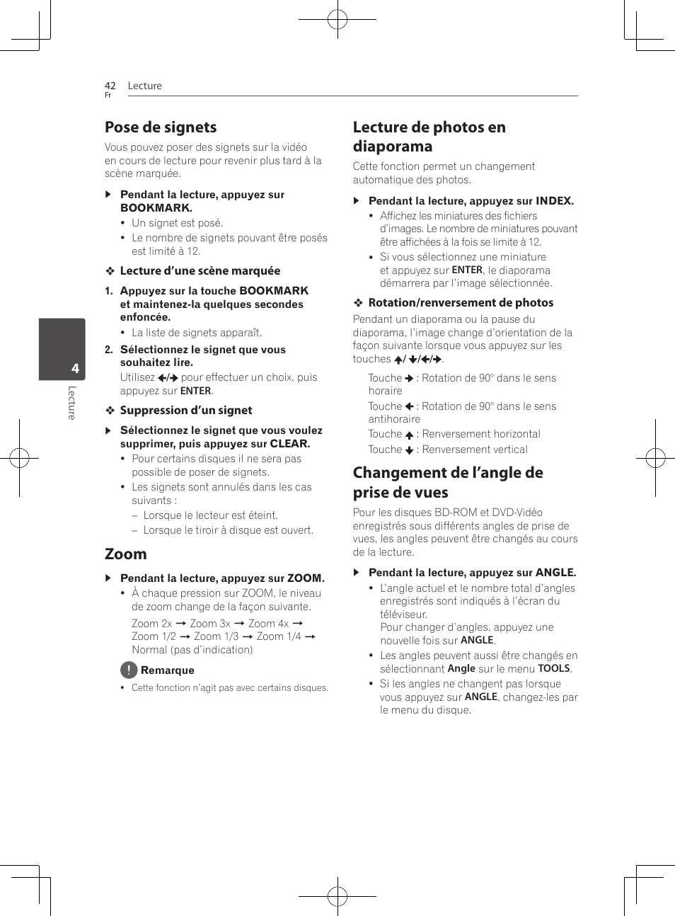 Pose de signets, 42 – zoom 42, Lecture de photos en diaporama | Changement de l’angle de prise de vues, Zoom | Pioneer BCS-222 User Manual | Page 118 / 468