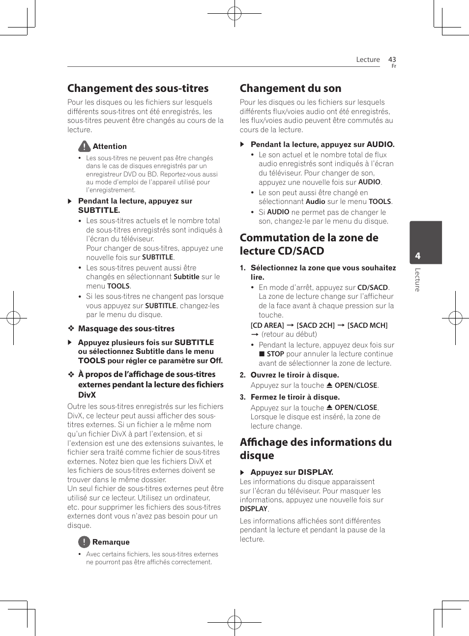 Changement des sous-titres, Changement du son, Commutation de la zone de lecture cd/ sacd | Affichage des informations du disque, Commutation de la zone de lecture cd/sacd | Pioneer BCS-222 User Manual | Page 119 / 468