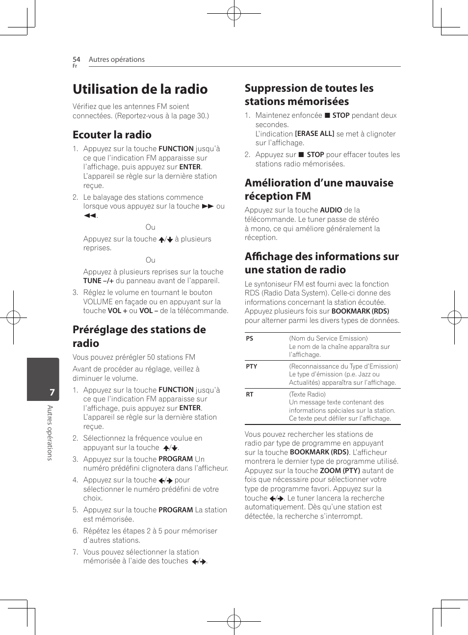 Utilisation de la radio, Ecouter la radio, Préréglage des stations de radio | Suppression de toutes les stations mémorisées, Amélioration d’une mauvaise réception fm | Pioneer BCS-222 User Manual | Page 130 / 468