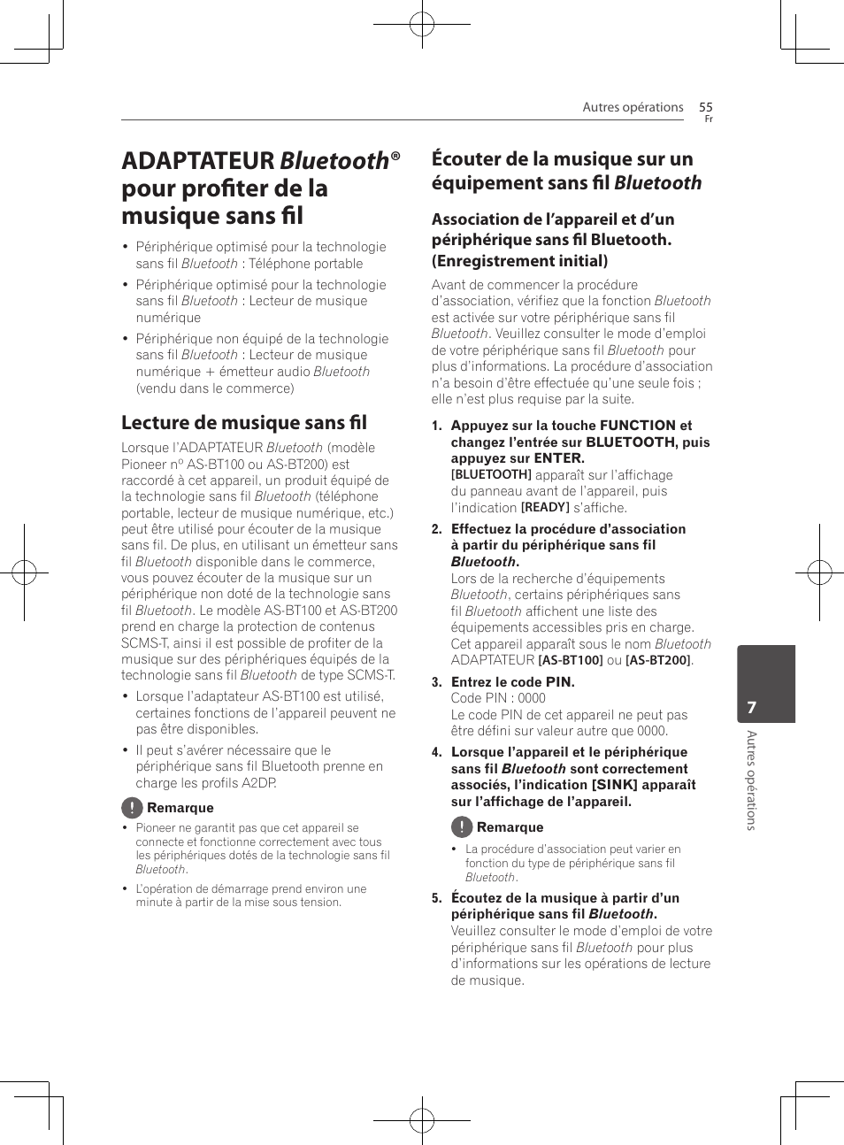 55 adaptateur, Bluetooth ® pour profiter de la, Musique sans fil | Lecture de musique sans fil | Pioneer BCS-222 User Manual | Page 131 / 468