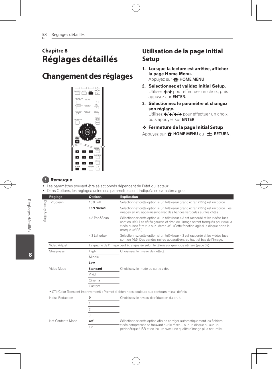 Changement des réglages, Réglages détaillés, Utilisation de la page initial setup | Chapitre 8 | Pioneer BCS-222 User Manual | Page 134 / 468