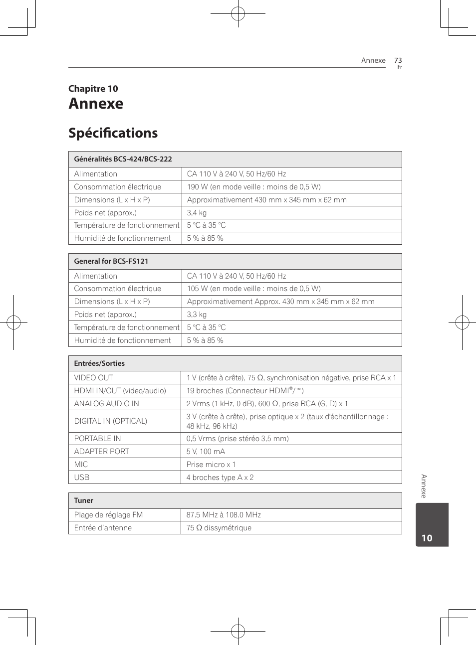 73 spécifications, Annexe, Spécifications | Chapitre 10 | Pioneer BCS-222 User Manual | Page 149 / 468