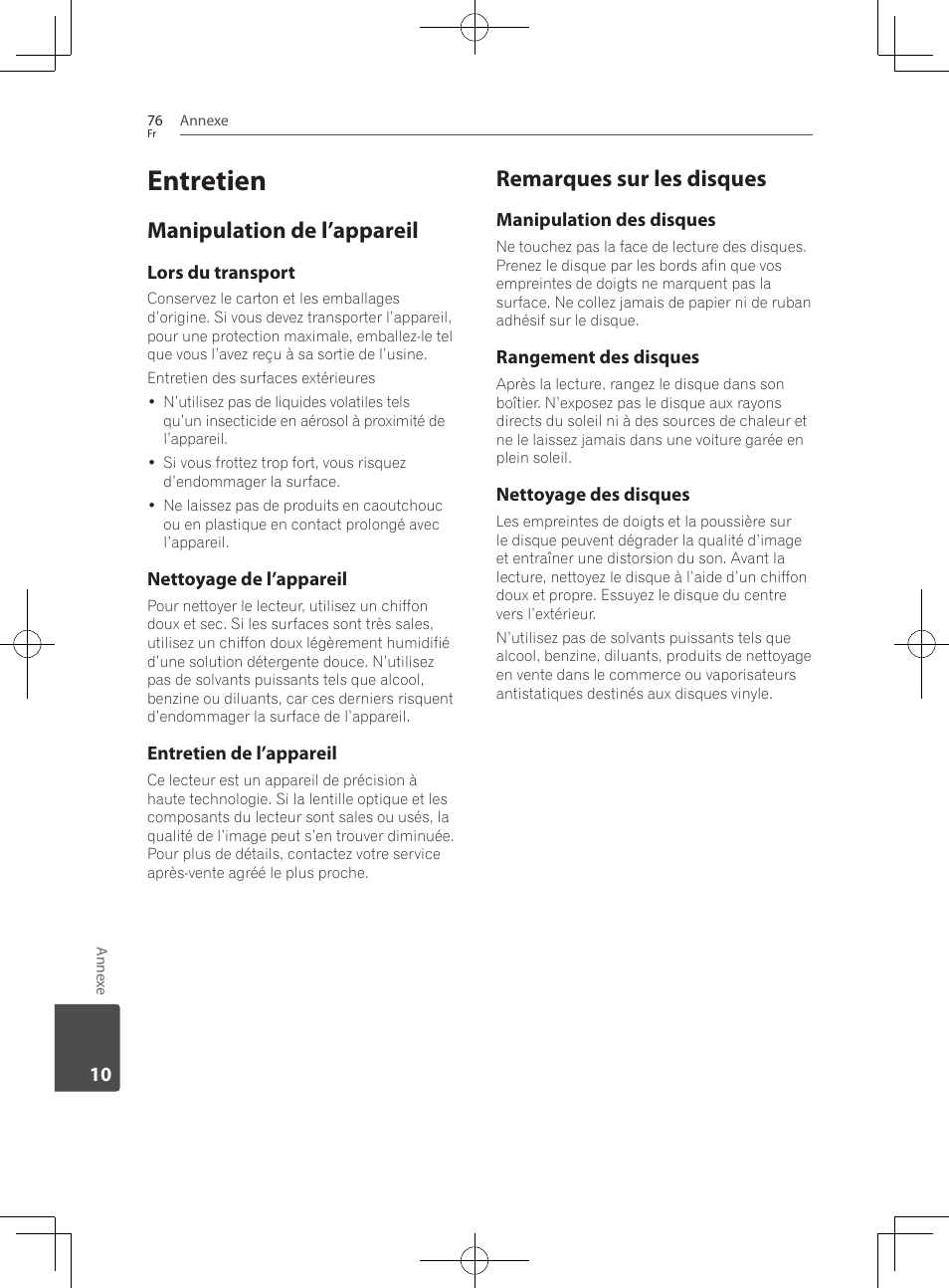 76 entretien 76, Manipulation de l’appareil, Remarques sur les disques | Entretien | Pioneer BCS-222 User Manual | Page 152 / 468