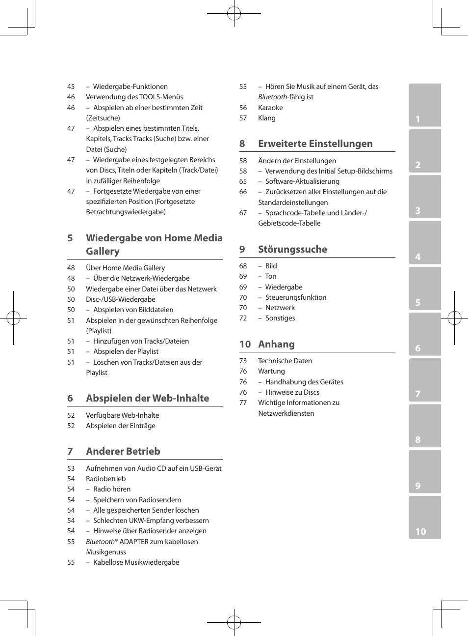 5 wiedergabe von home media gallery, 6 abspielen der web-inhalte, 7 anderer betrieb | 8 erweiterte einstellungen, 9 störungssuche, 10 anhang | Pioneer BCS-222 User Manual | Page 167 / 468