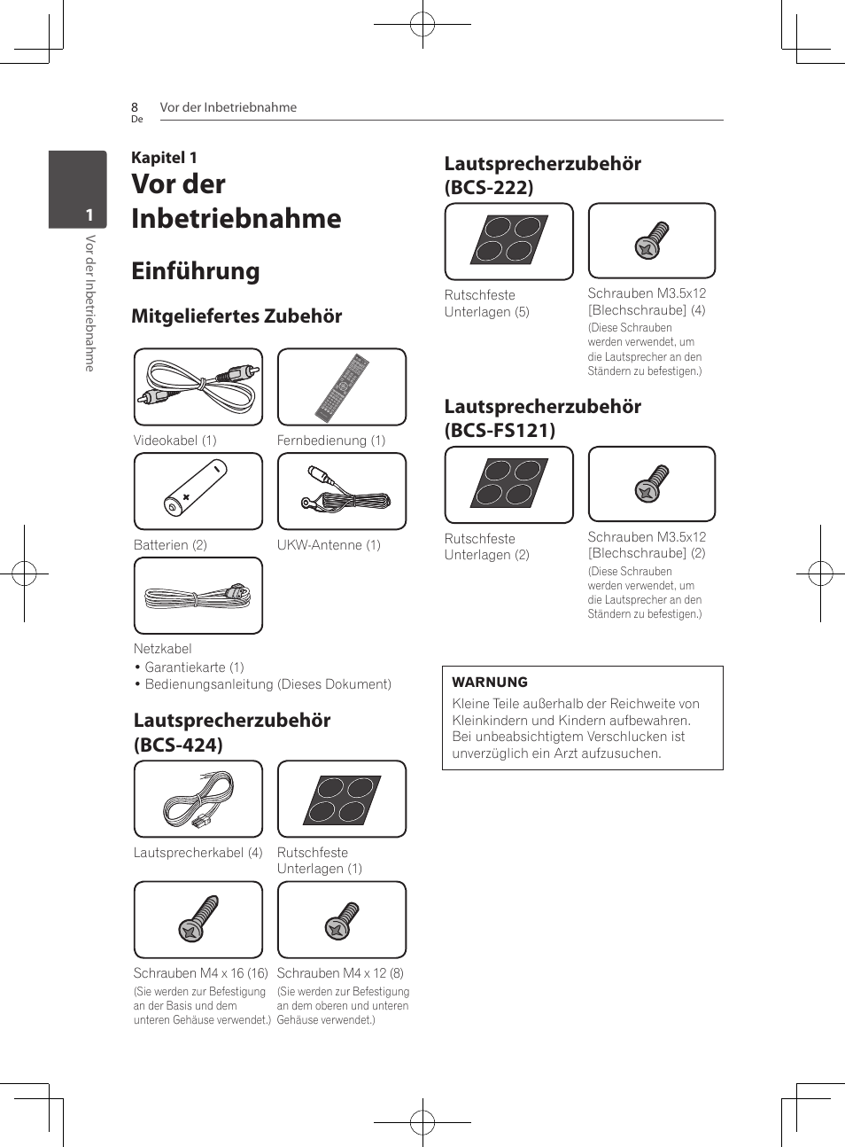 8 einführung 8, Mitgeliefertes zubehör, Lautsprecherzubehör (bcs-424) | Lautsprecherzubehör (bcs-222), Lautsprecherzubehör (bcs-fs121), Vor der inbetriebnahme, Einführung | Pioneer BCS-222 User Manual | Page 168 / 468