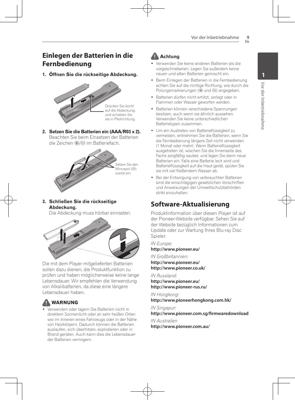 Einlegen der batterien in die fernbedienung, Software-aktualisierung | Pioneer BCS-222 User Manual | Page 169 / 468