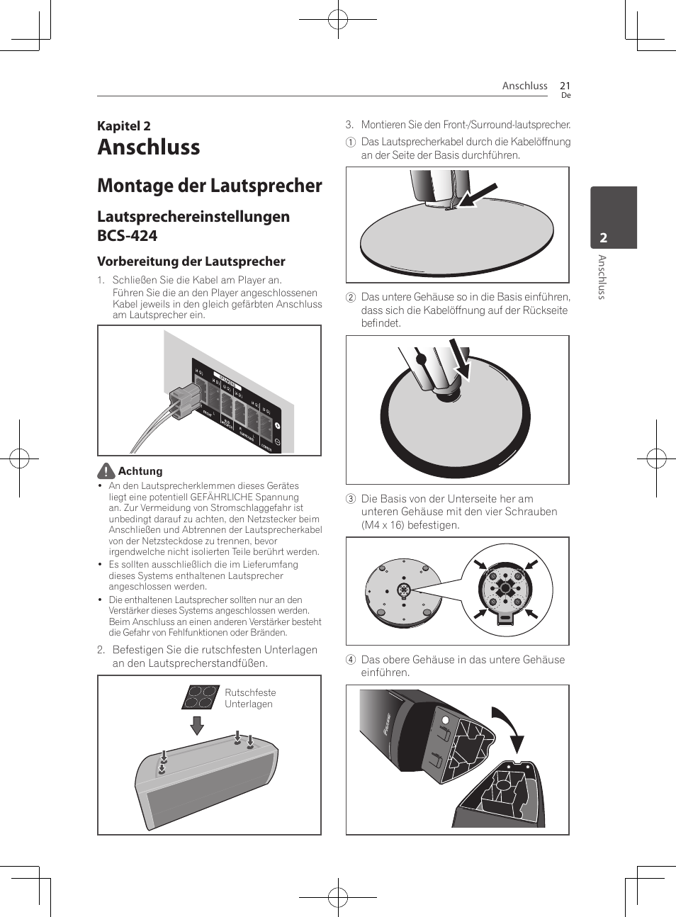 Montage der lautsprecher, Lautsprechereinstellungen bcs-424, Anschluss | Kapitel 2, Vorbereitung der lautsprecher | Pioneer BCS-222 User Manual | Page 181 / 468