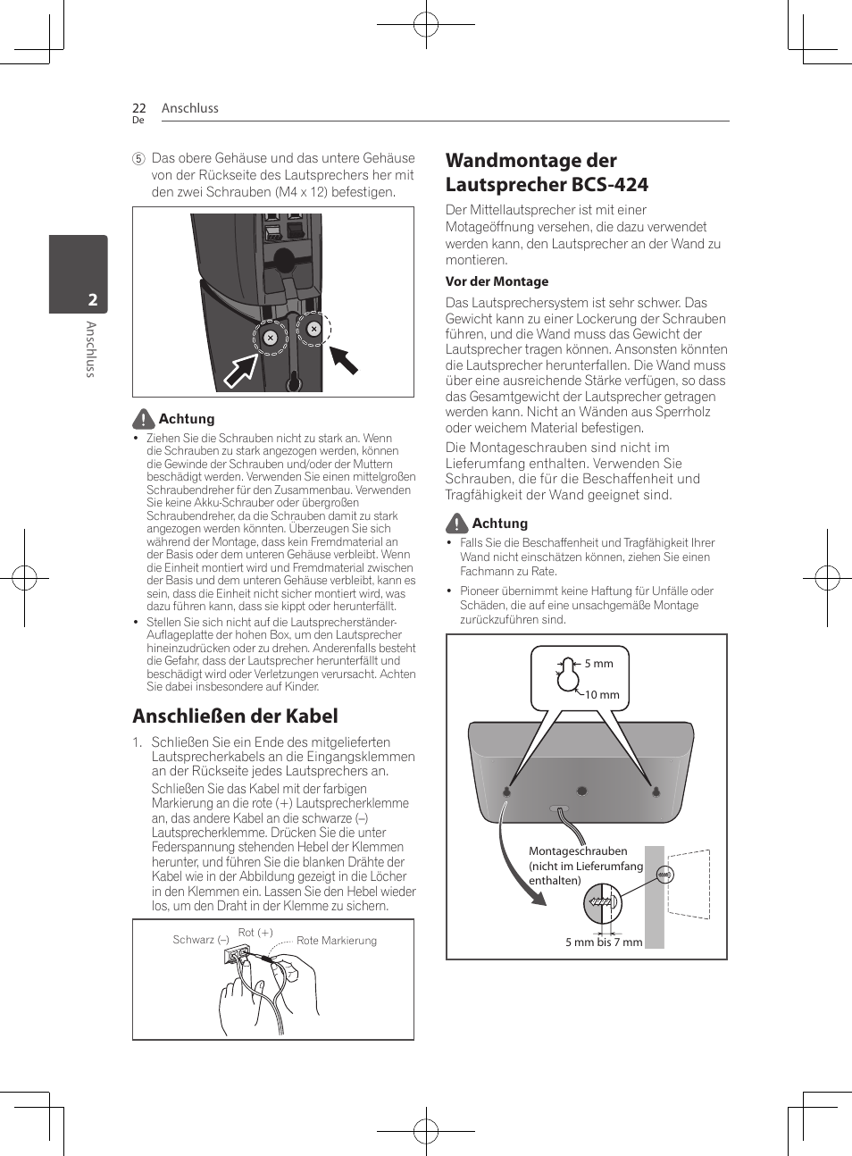 Anschließen der kabel, Wandmontage der lautsprecher bcs-424 | Pioneer BCS-222 User Manual | Page 182 / 468