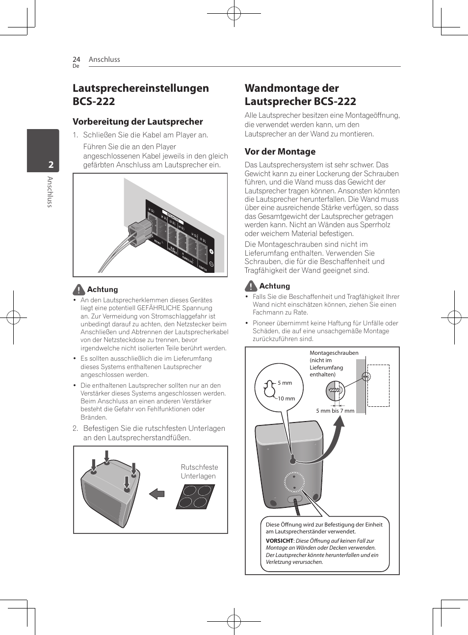 Lautsprechereinstellungen bcs-222, Wandmontage der lautsprecher bcs-222, Vorbereitung der lautsprecher | Vor der montage | Pioneer BCS-222 User Manual | Page 184 / 468