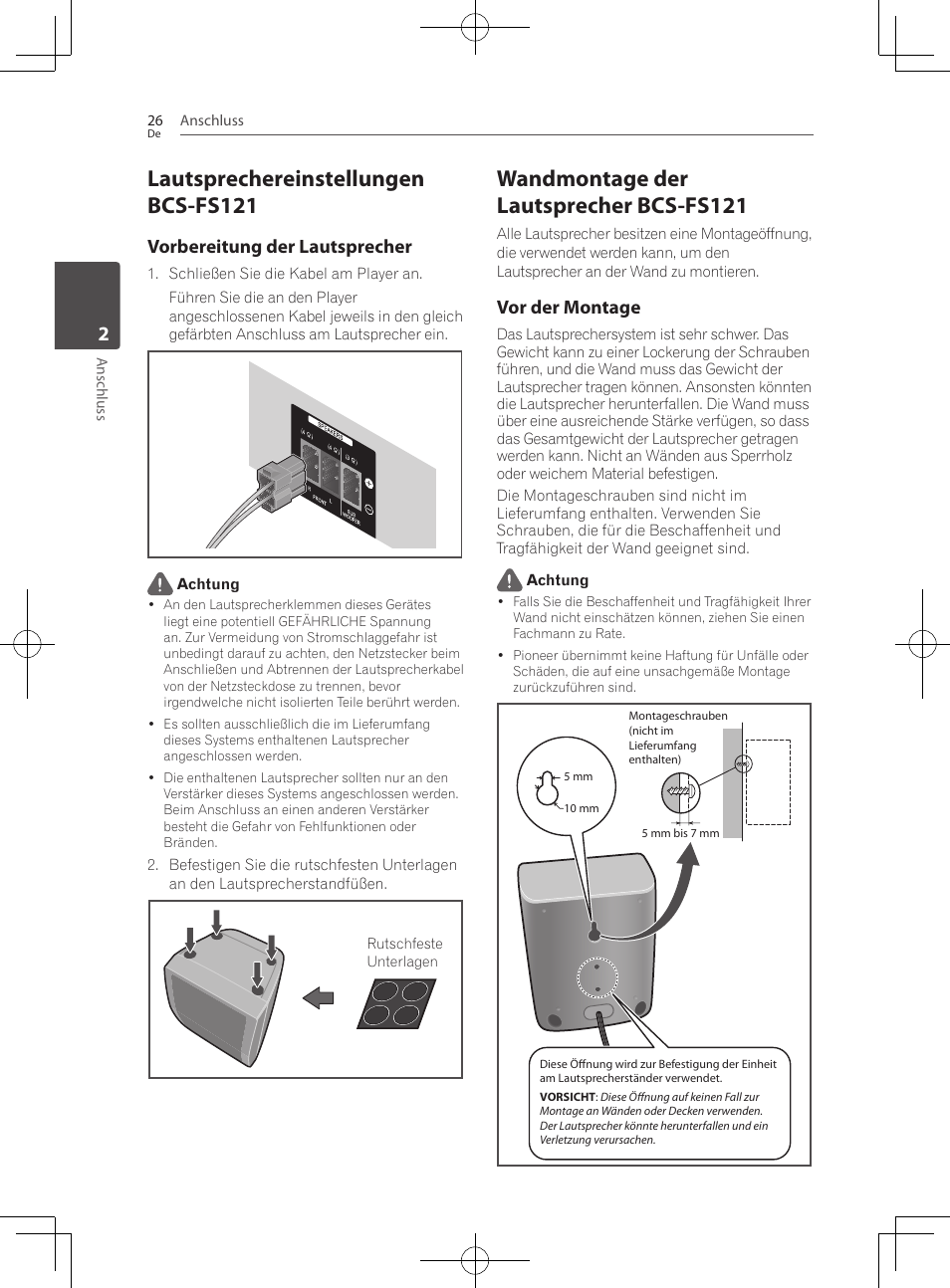 Lautsprechereinstellungen bcs-fs121, Wandmontage der lautsprecher bcs- fs121, Wandmontage der lautsprecher bcs-fs121 | Vorbereitung der lautsprecher, Vor der montage | Pioneer BCS-222 User Manual | Page 186 / 468