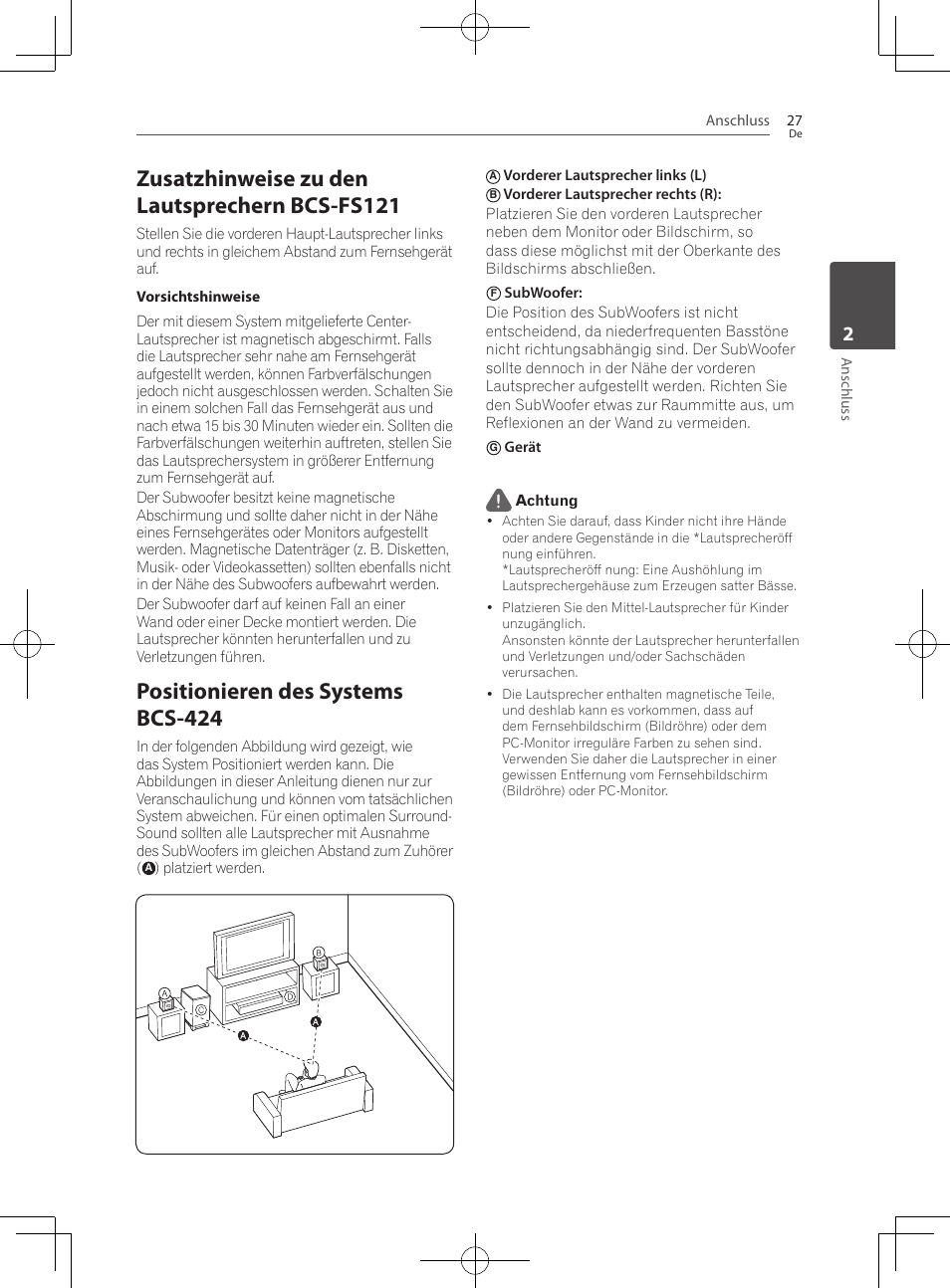 Zusatzhinweise zu den lautsprechern bcs-fs121, Positionieren des systems bcs-424 | Pioneer BCS-222 User Manual | Page 187 / 468