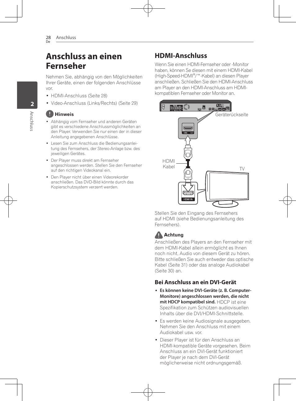 Anschluss an einen fernseher, 28 – hdmi-anschluss, Hdmi-anschluss | Bei anschluss an ein dvi-gerät | Pioneer BCS-222 User Manual | Page 188 / 468