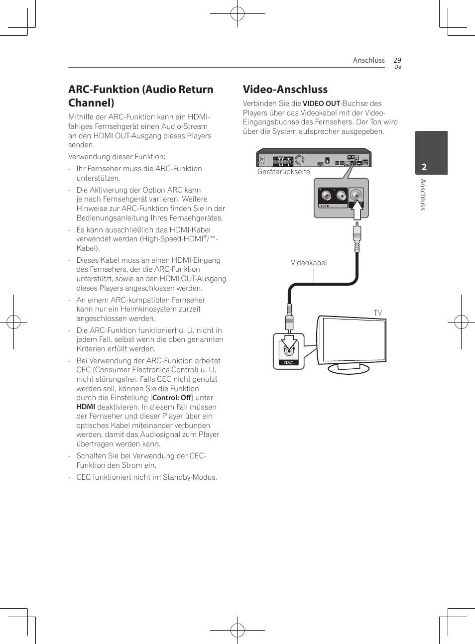 Arc-funktion (audio return channel), 29 – video-anschluss, Video-anschluss | Pioneer BCS-222 User Manual | Page 189 / 468