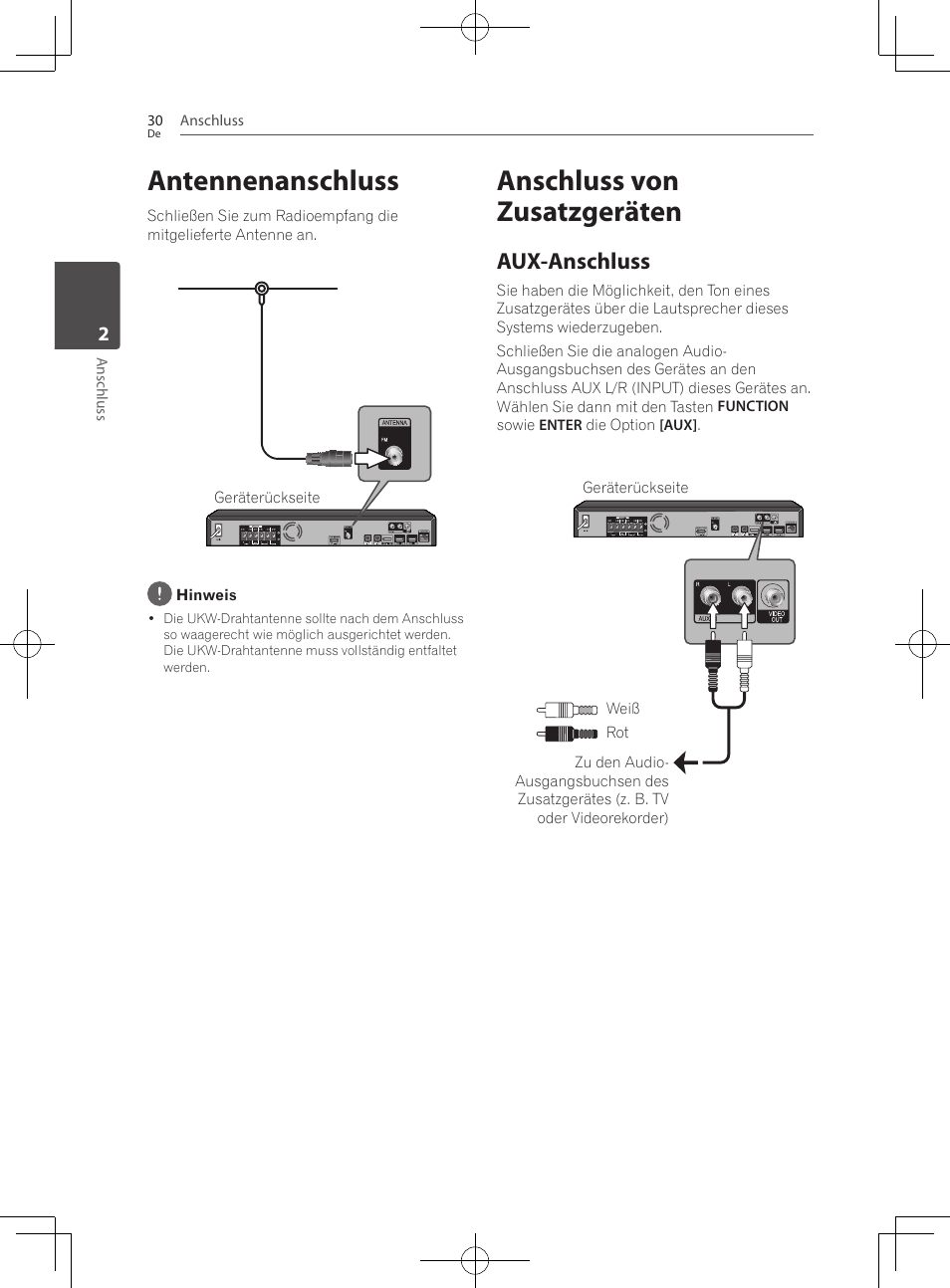 30 antennenanschluss, Anschluss von zusatzgeräten, 30 – aux-anschluss | Antennenanschluss, Aux-anschluss | Pioneer BCS-222 User Manual | Page 190 / 468