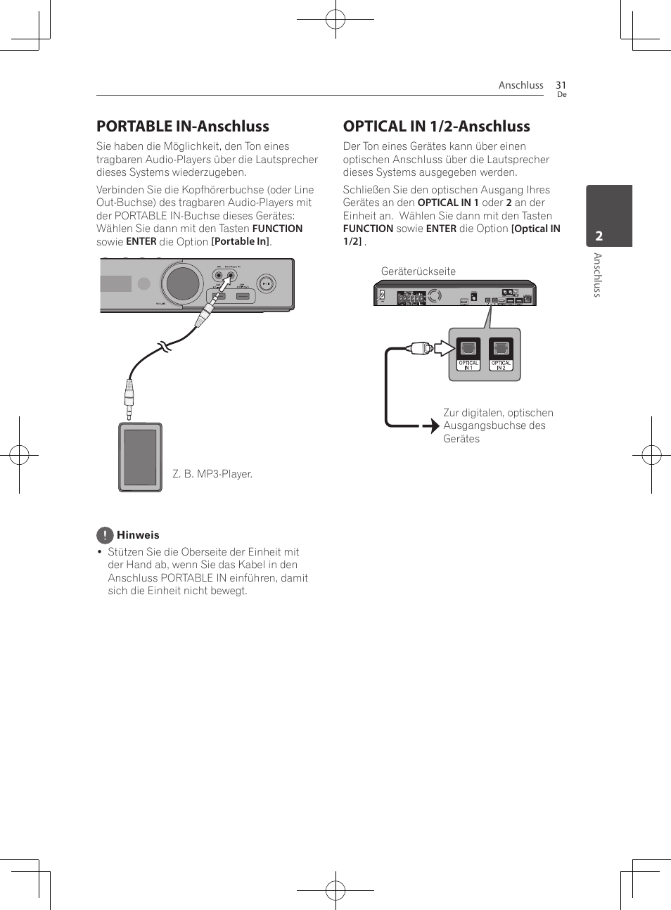 Portable in-anschluss, Optical in 1/2-anschluss | Pioneer BCS-222 User Manual | Page 191 / 468