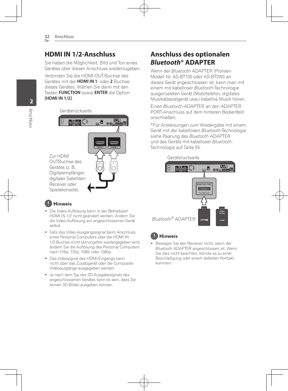 Hdmi in 1/2-anschluss, Anschluss des optionalen bluetooth ® adapter | Pioneer BCS-222 User Manual | Page 192 / 468