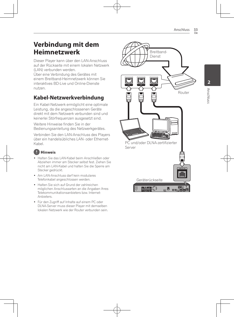 Verbindung mit dem heimnetzwerk, 33 – kabel-netzwerkverbindung, Kabel-netzwerkverbindung | Pioneer BCS-222 User Manual | Page 193 / 468