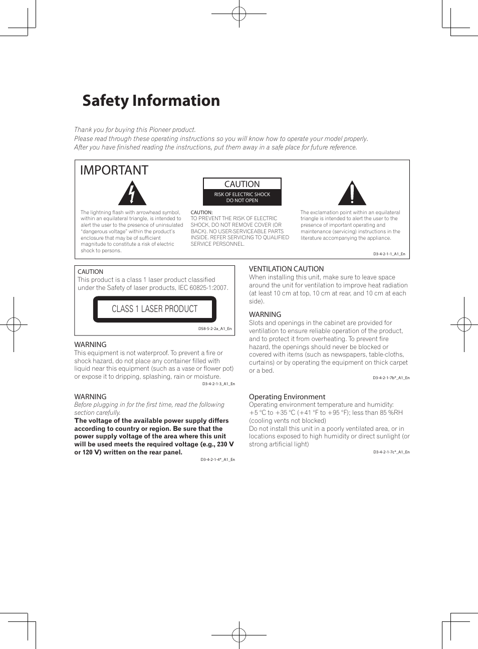 Safety information, Important, Caution | Class 1 laser product | Pioneer BCS-222 User Manual | Page 2 / 468