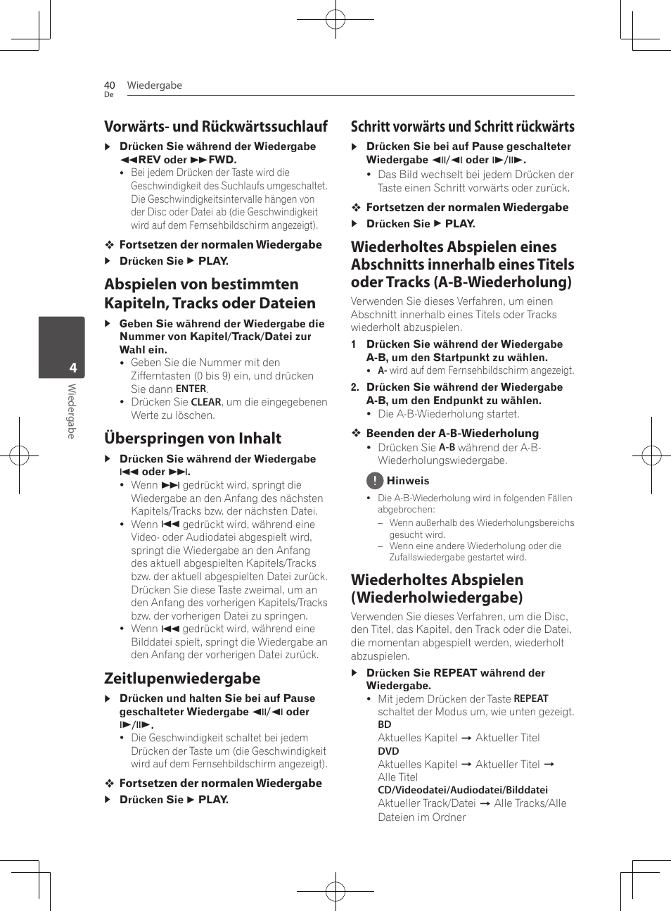 Vorwärts- und rückwärtssuchlauf, Überspringen von inhalt, 40 – zeitlupenwiedergabe 40 | Schritt vorwärts und schritt rückwärts, Wiederholtes abspielen (wiederholwiedergabe), Zeitlupenwiedergabe | Pioneer BCS-222 User Manual | Page 200 / 468