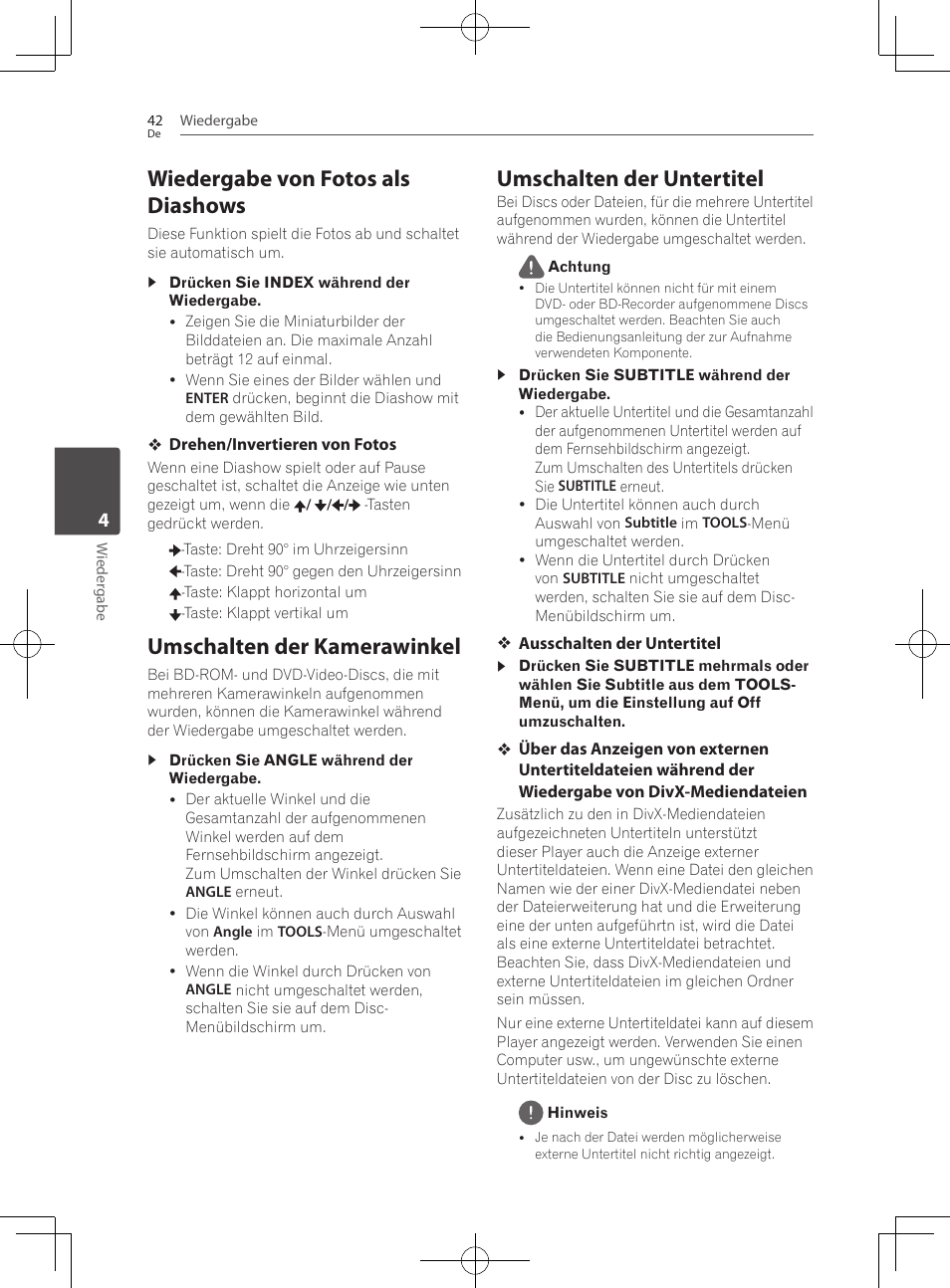 Wiedergabe von fotos als diashows, Umschalten der kamerawinkel, Umschalten der untertitel | Pioneer BCS-222 User Manual | Page 202 / 468
