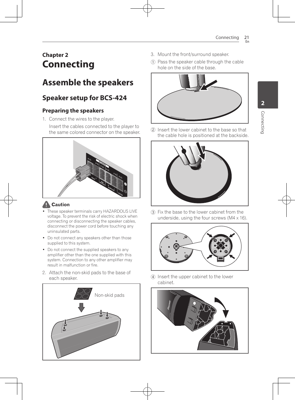 Assemble the speakers, Speaker setup for bcs-424, Connecting | Pioneer BCS-222 User Manual | Page 21 / 468