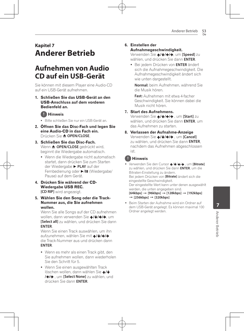 Aufnehmen von audio cd auf ein usb-gerät, Anderer betrieb, Kapitel 7 | Pioneer BCS-222 User Manual | Page 213 / 468