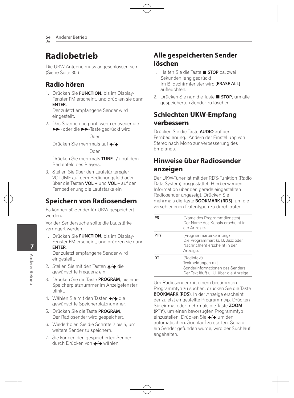 54 radiobetrieb 54, Radio hören, Speichern von radiosendern | Alle gespeicherten sender löschen, Schlechten ukw-empfang verbessern, Hinweise über radiosender anzeigen, Radiobetrieb | Pioneer BCS-222 User Manual | Page 214 / 468