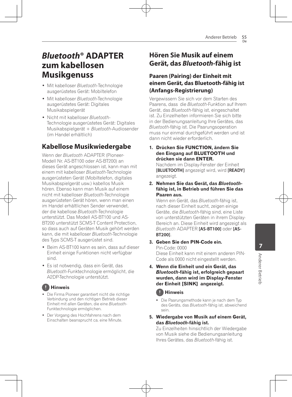 Bluetooth ® adapter zum kabellosen musikgenuss, Kabellose musikwiedergabe | Pioneer BCS-222 User Manual | Page 215 / 468