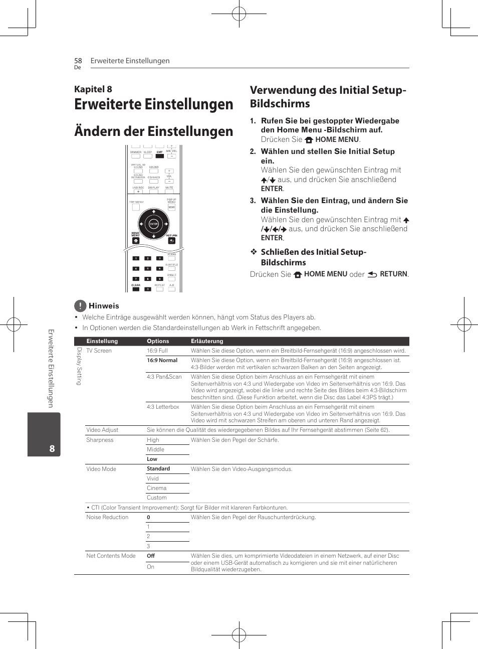 Ändern der einstellungen, Verwendung des initial setup-bildschirms, Erweiterte einstellungen | Verwendung des initial setup- bildschirms, Kapitel 8, Schließen des initial setup- bildschirms | Pioneer BCS-222 User Manual | Page 218 / 468