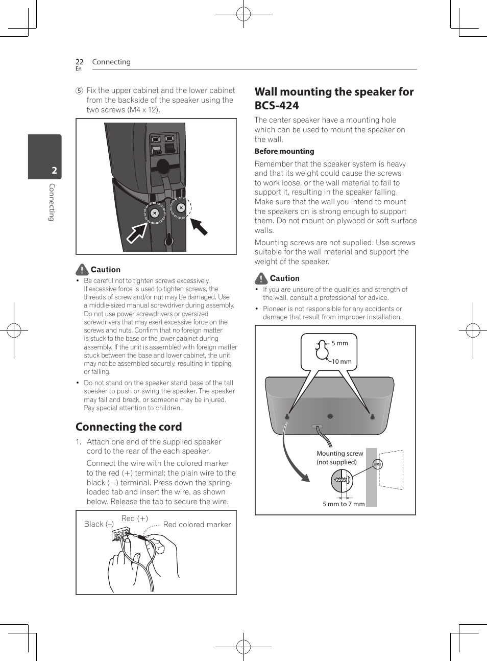 Connecting the cord, Wall mounting the speaker for bcs-424 | Pioneer BCS-222 User Manual | Page 22 / 468