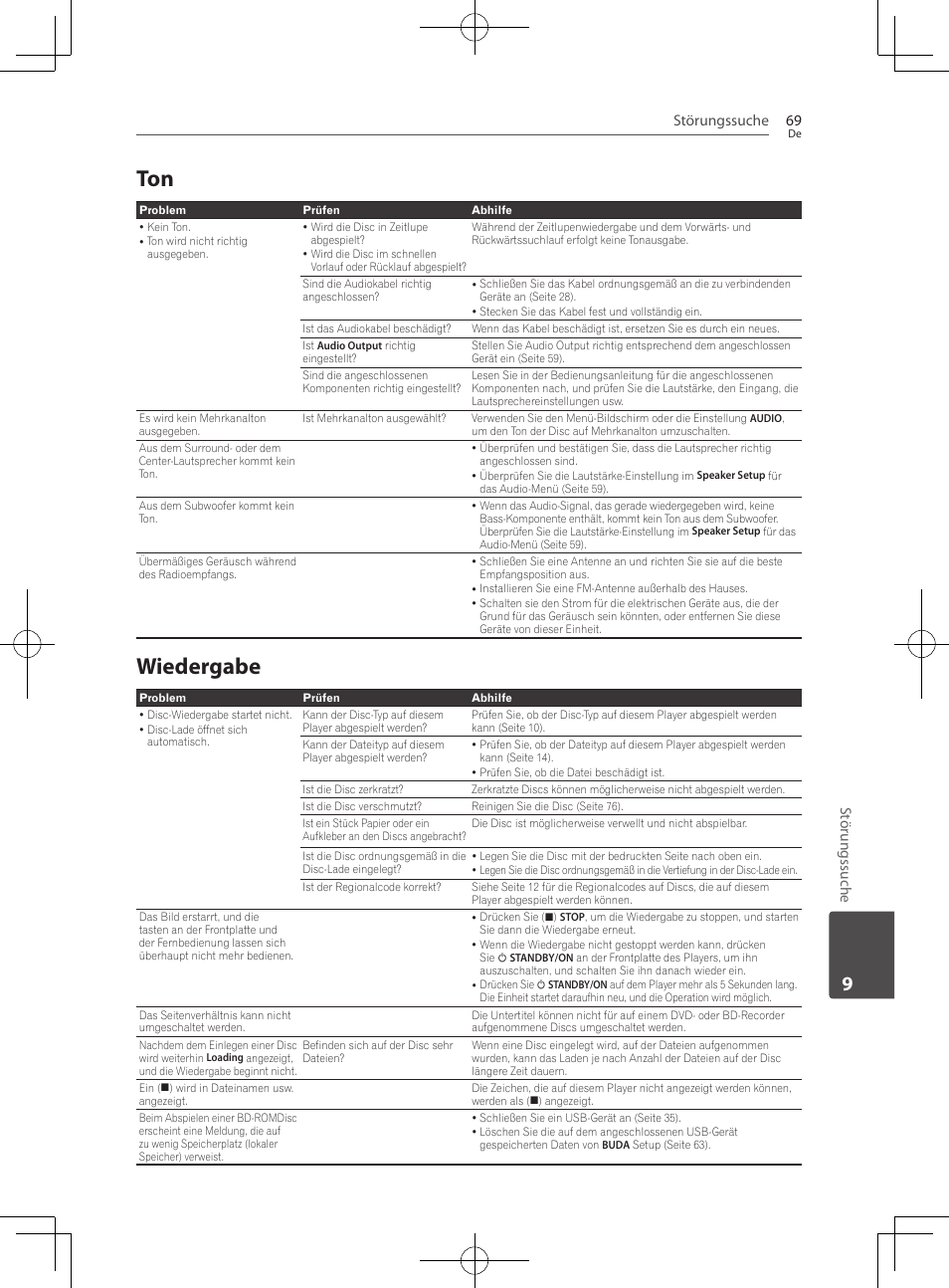 69 – ton 69 – wiedergabe, Wiedergabe, Störungssuche 69 | Störungssuche | Pioneer BCS-222 User Manual | Page 229 / 468