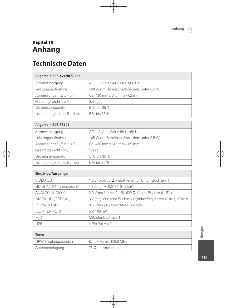 Technische daten, Anhang, Kapitel 10 | Pioneer BCS-222 User Manual | Page 233 / 468