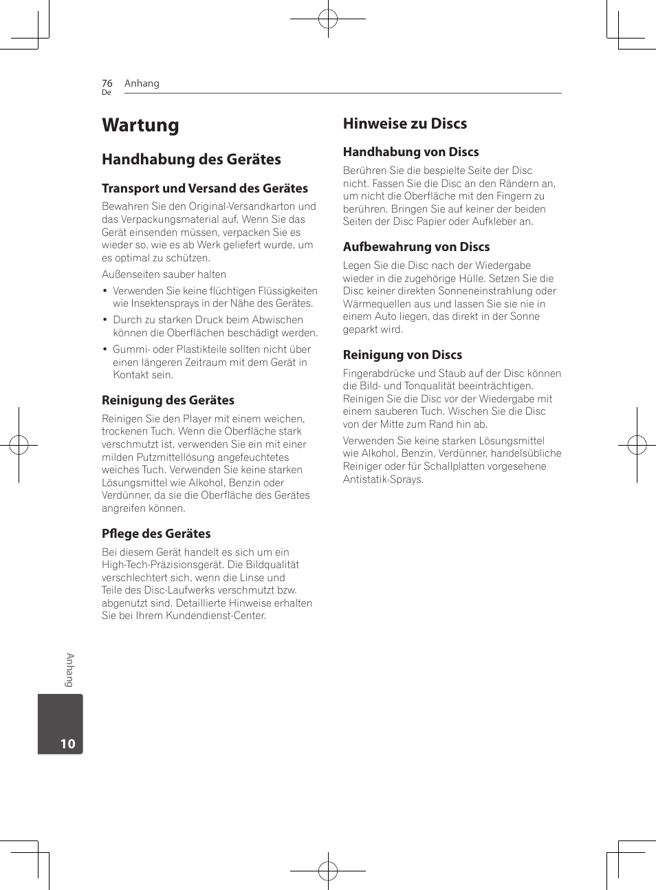76 wartung 76, Handhabung des gerätes, Hinweise zu discs | Wartung | Pioneer BCS-222 User Manual | Page 236 / 468