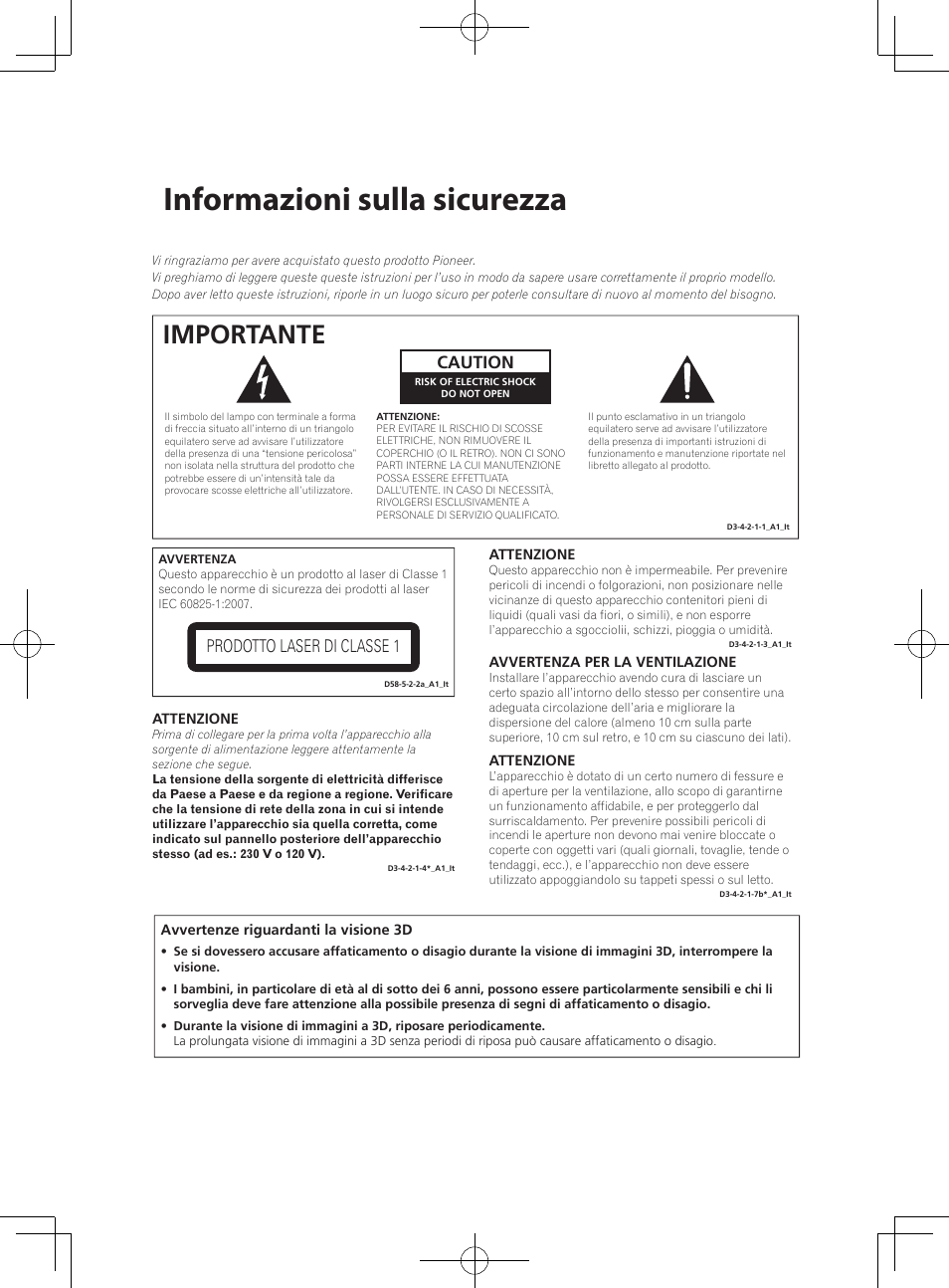 Informazioni sulla sicurezza, Importante, Caution | Prodotto laser di classe 1 | Pioneer BCS-222 User Manual | Page 238 / 468