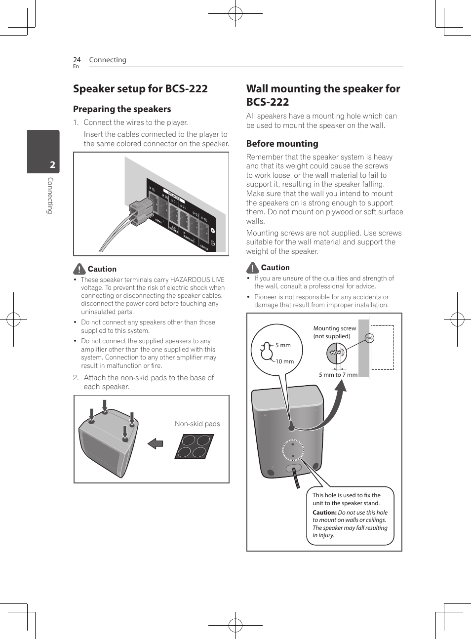 Speaker setup for bcs-222, Wall mounting the speaker for bcs-222, Preparing the speakers | Before mounting | Pioneer BCS-222 User Manual | Page 24 / 468