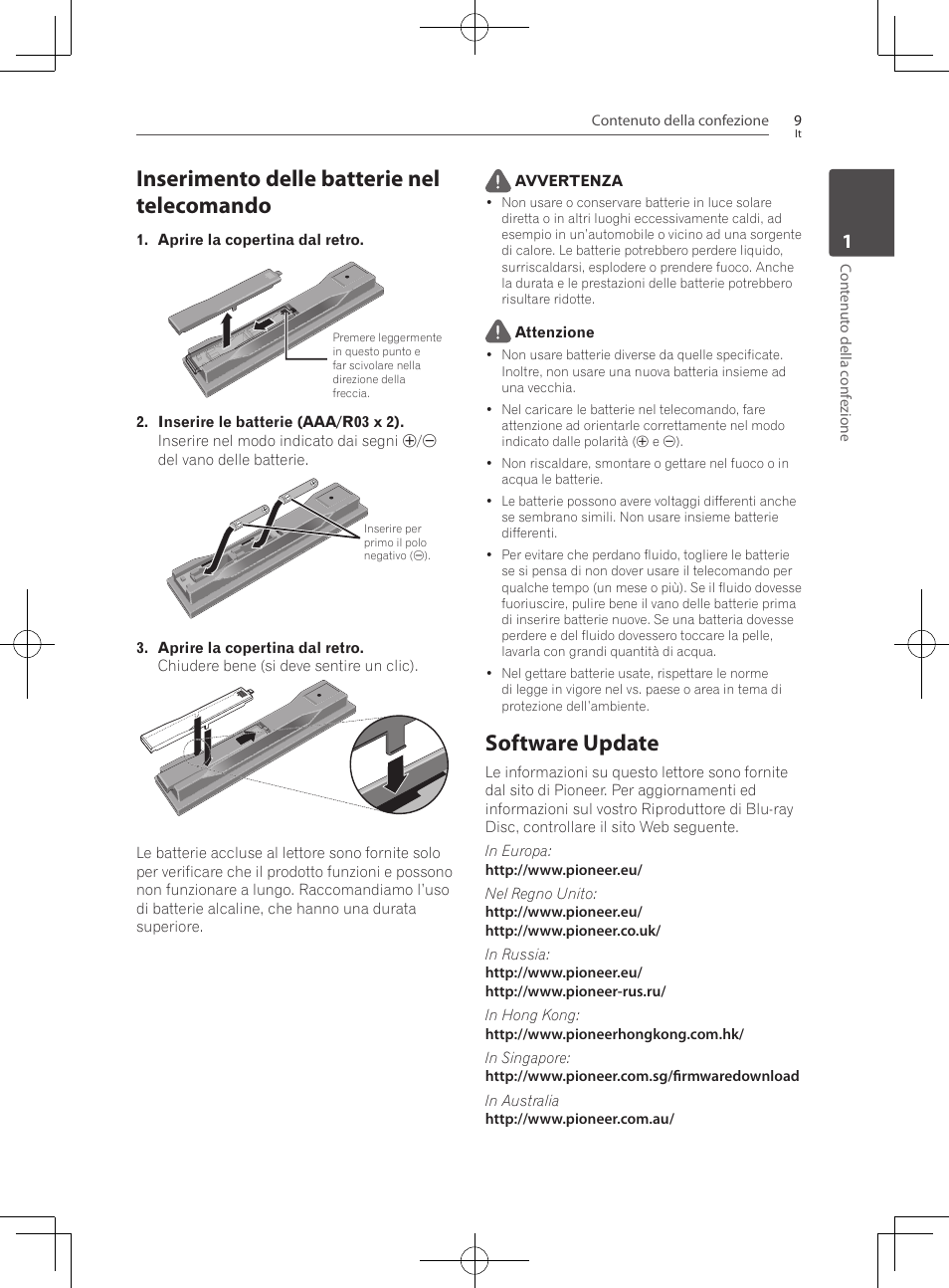 Inserimento delle batterie nel telecomando, Software update | Pioneer BCS-222 User Manual | Page 245 / 468