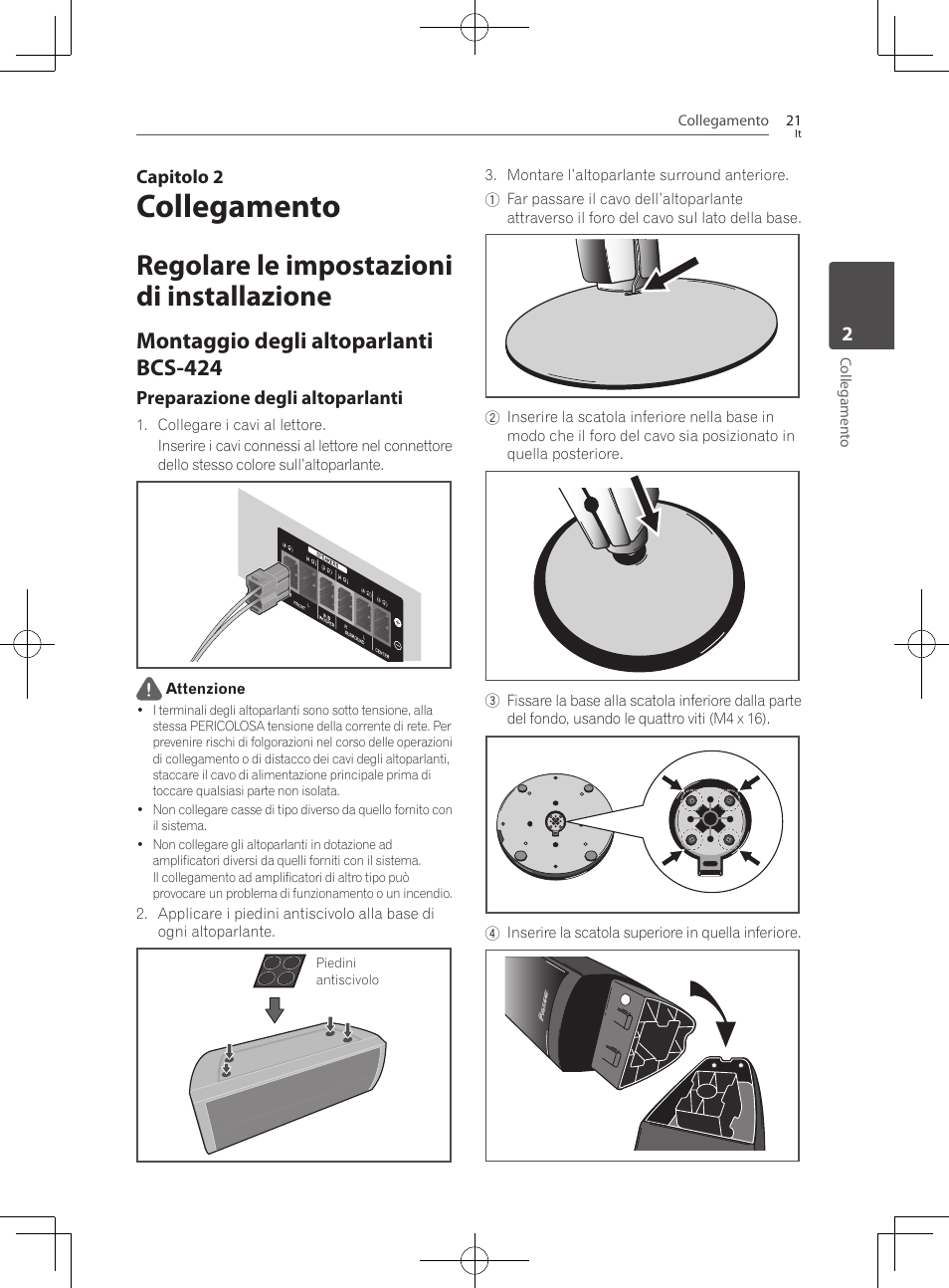 Regolare le impostazioni di installazione, Montaggio degli altoparlanti bcs-424, Collegamento | Pioneer BCS-222 User Manual | Page 257 / 468