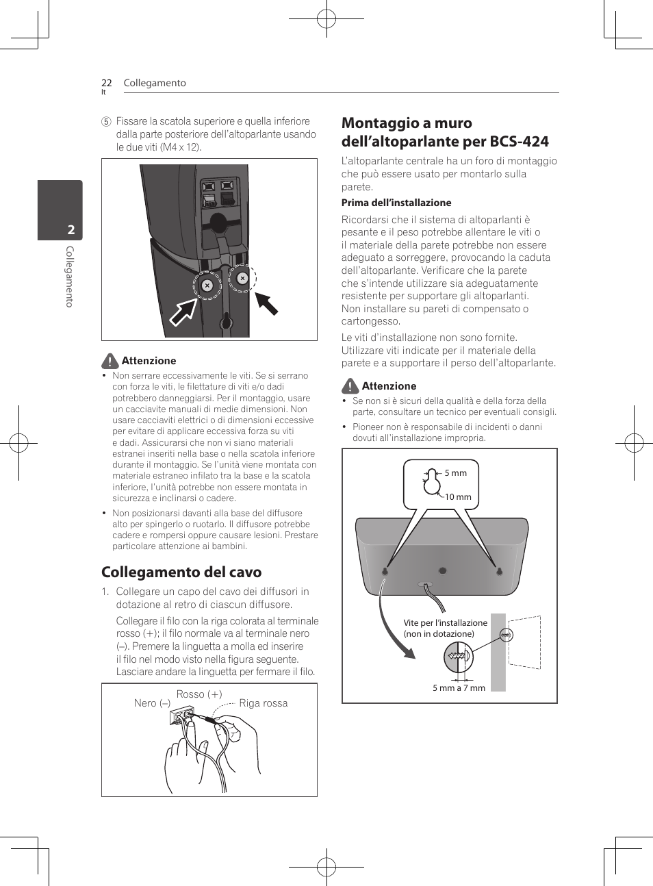 Collegamento del cavo, Montaggio a muro dell’altoparlante per bcs-424 | Pioneer BCS-222 User Manual | Page 258 / 468