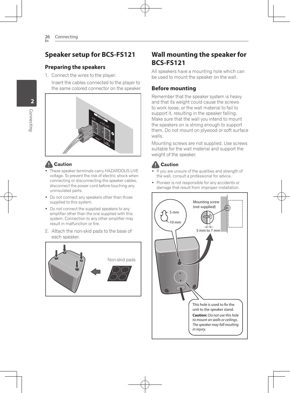 Speaker setup for bcs-fs121, Wall mounting the speaker for bcs-fs121, Preparing the speakers | Before mounting | Pioneer BCS-222 User Manual | Page 26 / 468