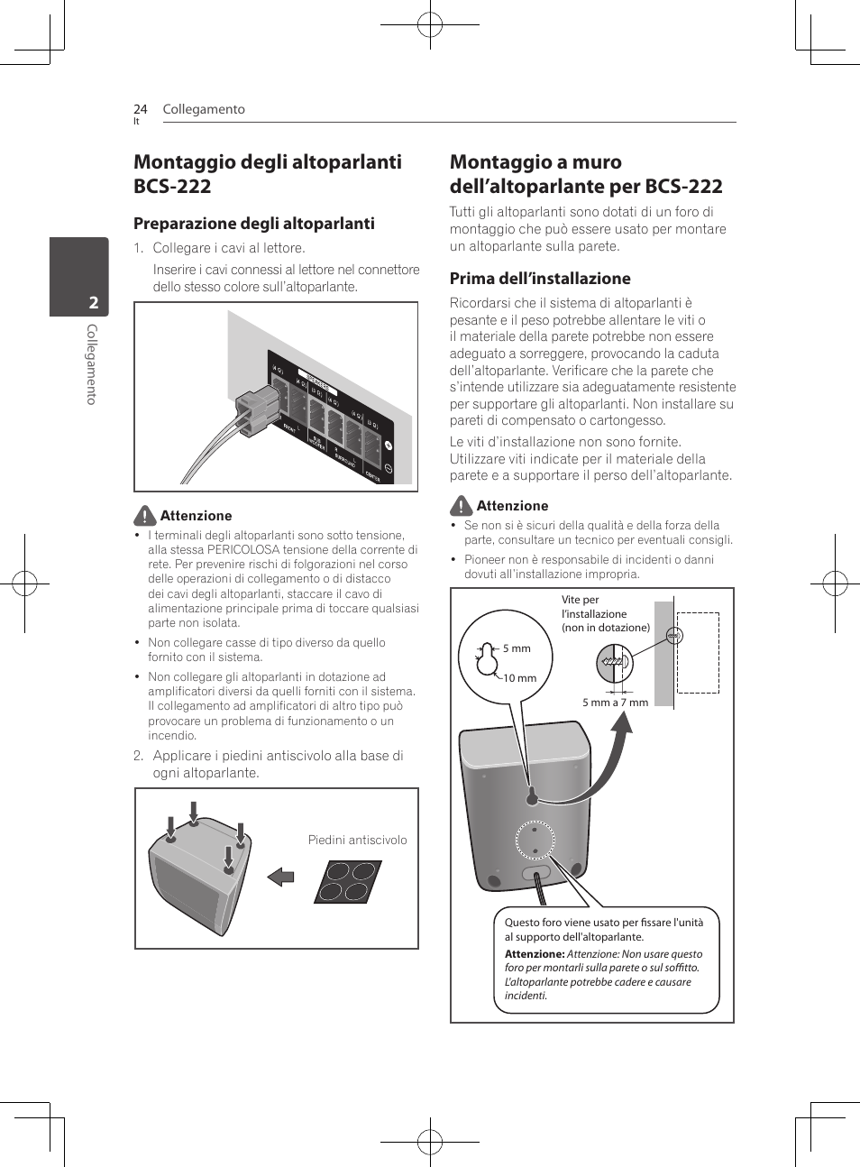 Montaggio degli altoparlanti bcs-222, Montaggio a muro dell’altoparlante per bcs-222, Preparazione degli altoparlanti | Prima dell’installazione | Pioneer BCS-222 User Manual | Page 260 / 468