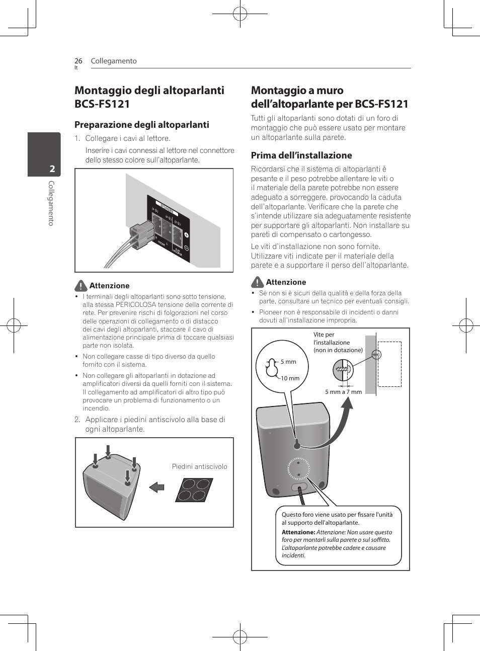 Montaggio degli altoparlanti bcs-fs121, Montaggio a muro dell’altoparlante per bcs-fs121, Preparazione degli altoparlanti | Prima dell’installazione | Pioneer BCS-222 User Manual | Page 262 / 468