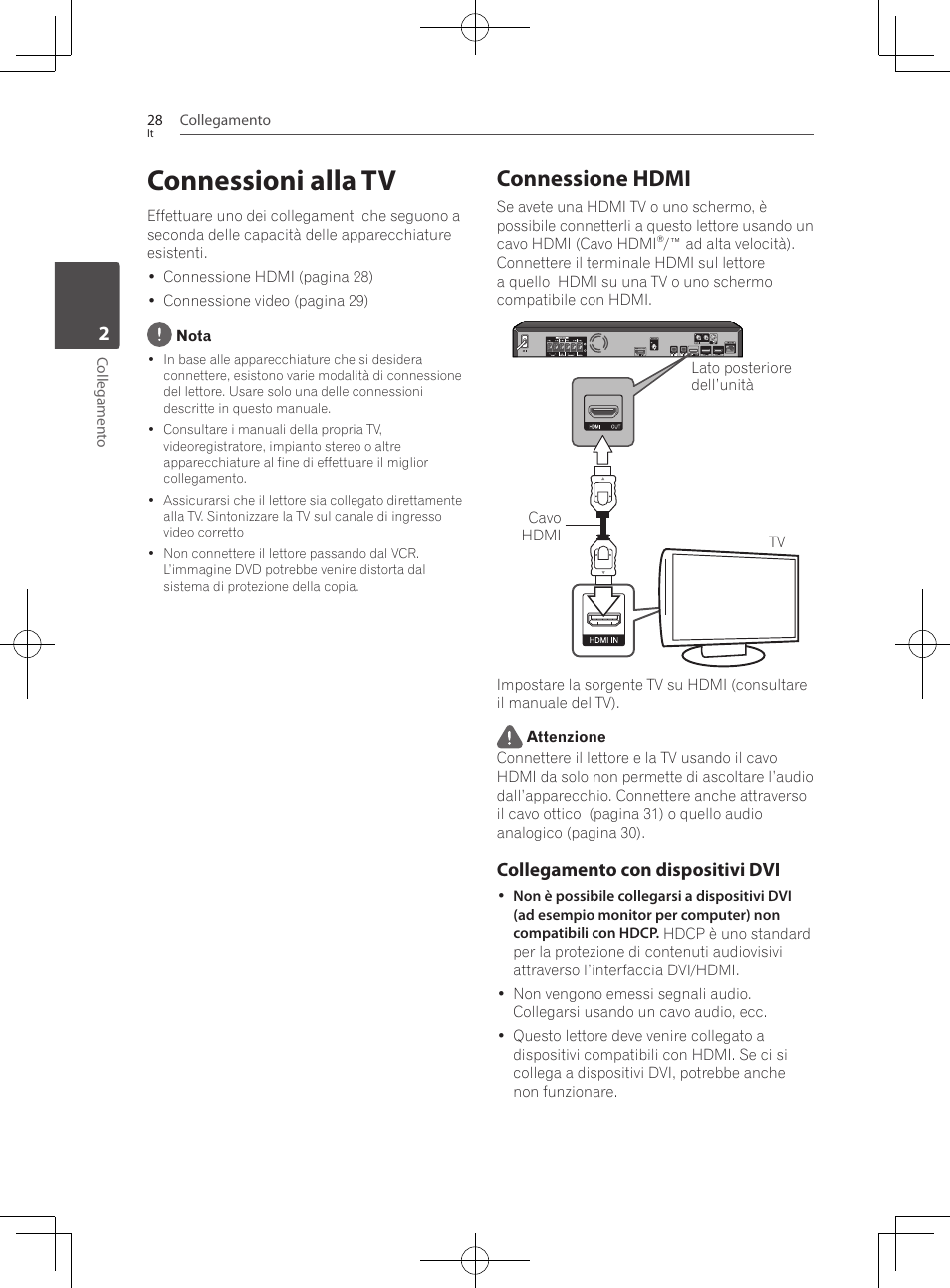 Connessioni alla tv, Connessione hdmi, Collegamento con dispositivi dvi | Pioneer BCS-222 User Manual | Page 264 / 468