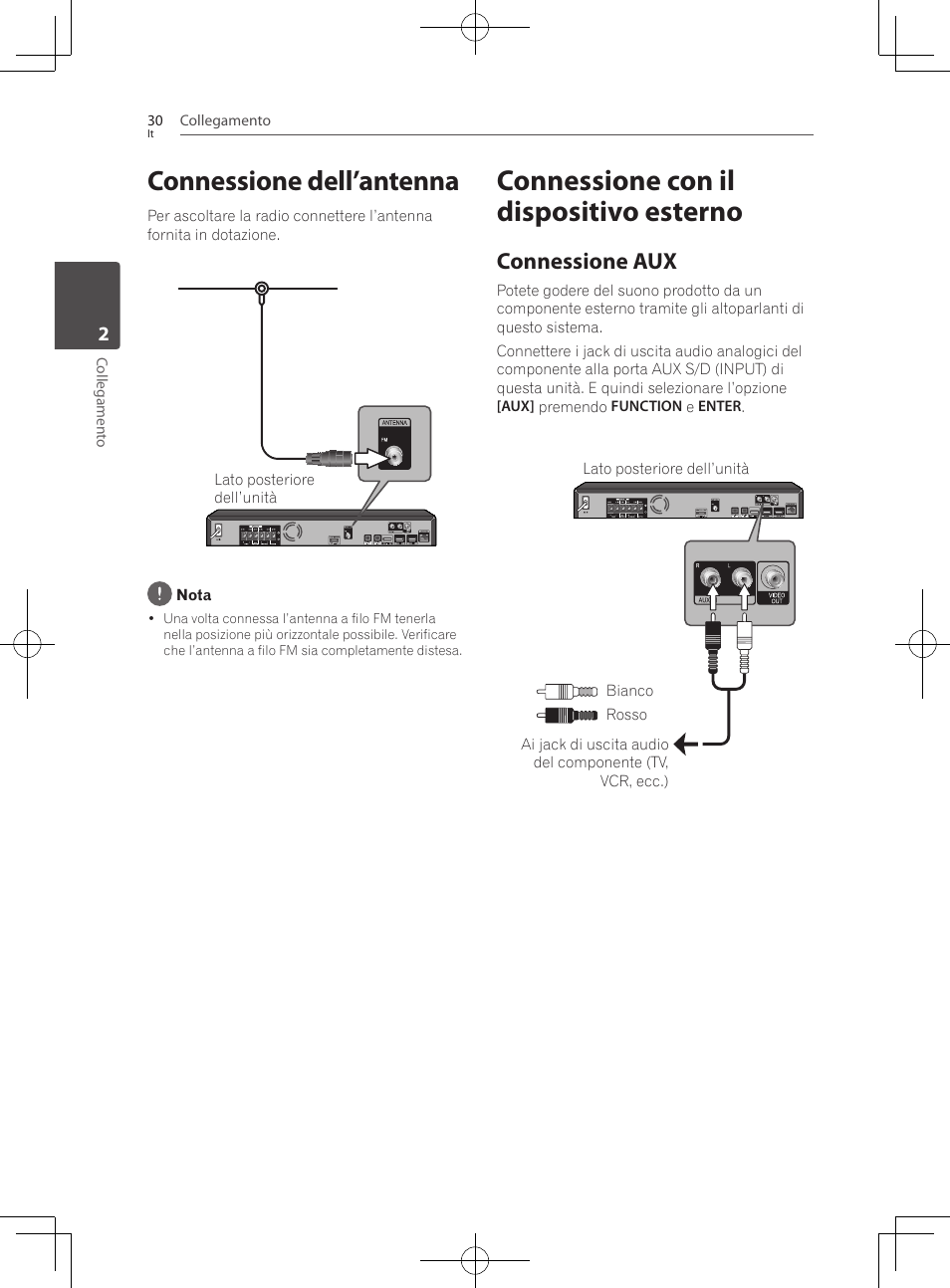 Connessione dell’antenna, Connessione con il dispositivo esterno, Connessione aux | Pioneer BCS-222 User Manual | Page 266 / 468