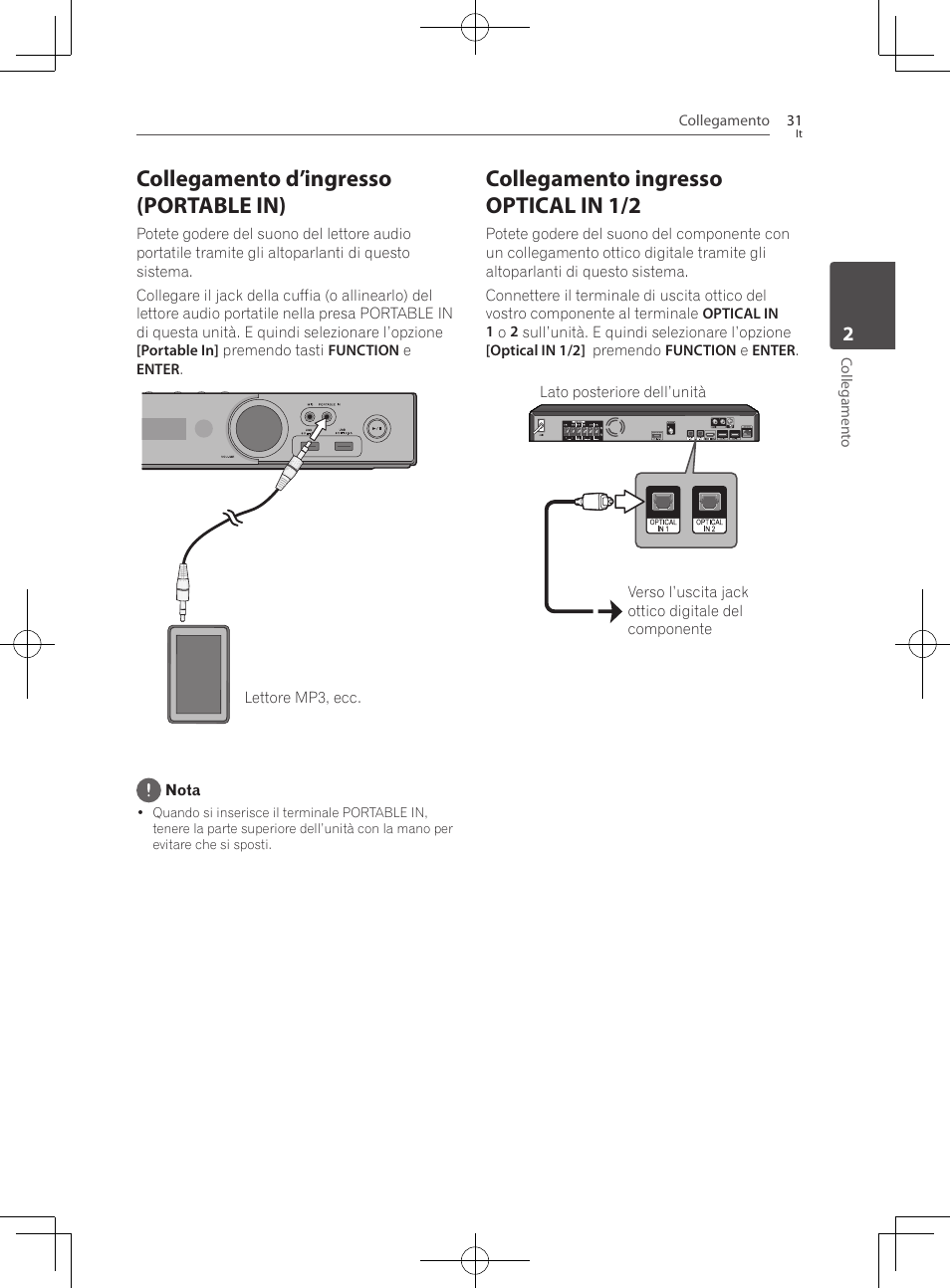 Collegamento d’ingresso (portable in), Collegamento ingresso optical in 1/2 | Pioneer BCS-222 User Manual | Page 267 / 468
