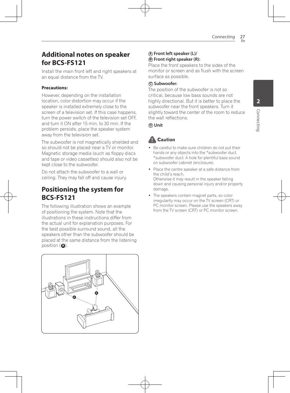 Additional notes on speaker for bcs-fs121, Positioning the system for bcs-fs121, Connecting 27 | Connec ting, Front left speaker (l), Unit caution | Pioneer BCS-222 User Manual | Page 27 / 468