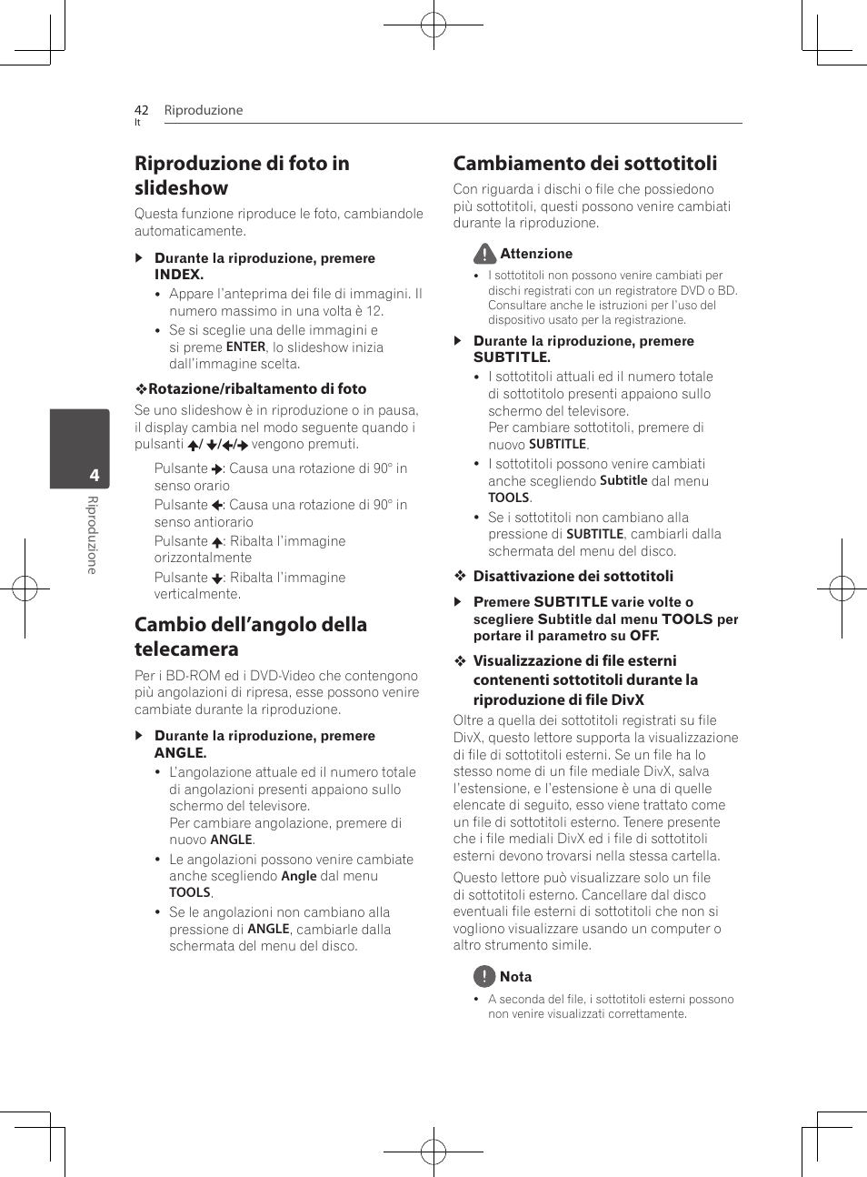 Riproduzione di foto in slideshow, Cambio dell’angolo della telecamera, Cambiamento dei sottotitoli | Pioneer BCS-222 User Manual | Page 278 / 468