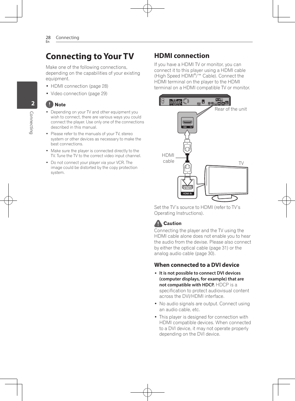 Connecting to your tv, Hdmi connection, When connected to a dvi device | Pioneer BCS-222 User Manual | Page 28 / 468