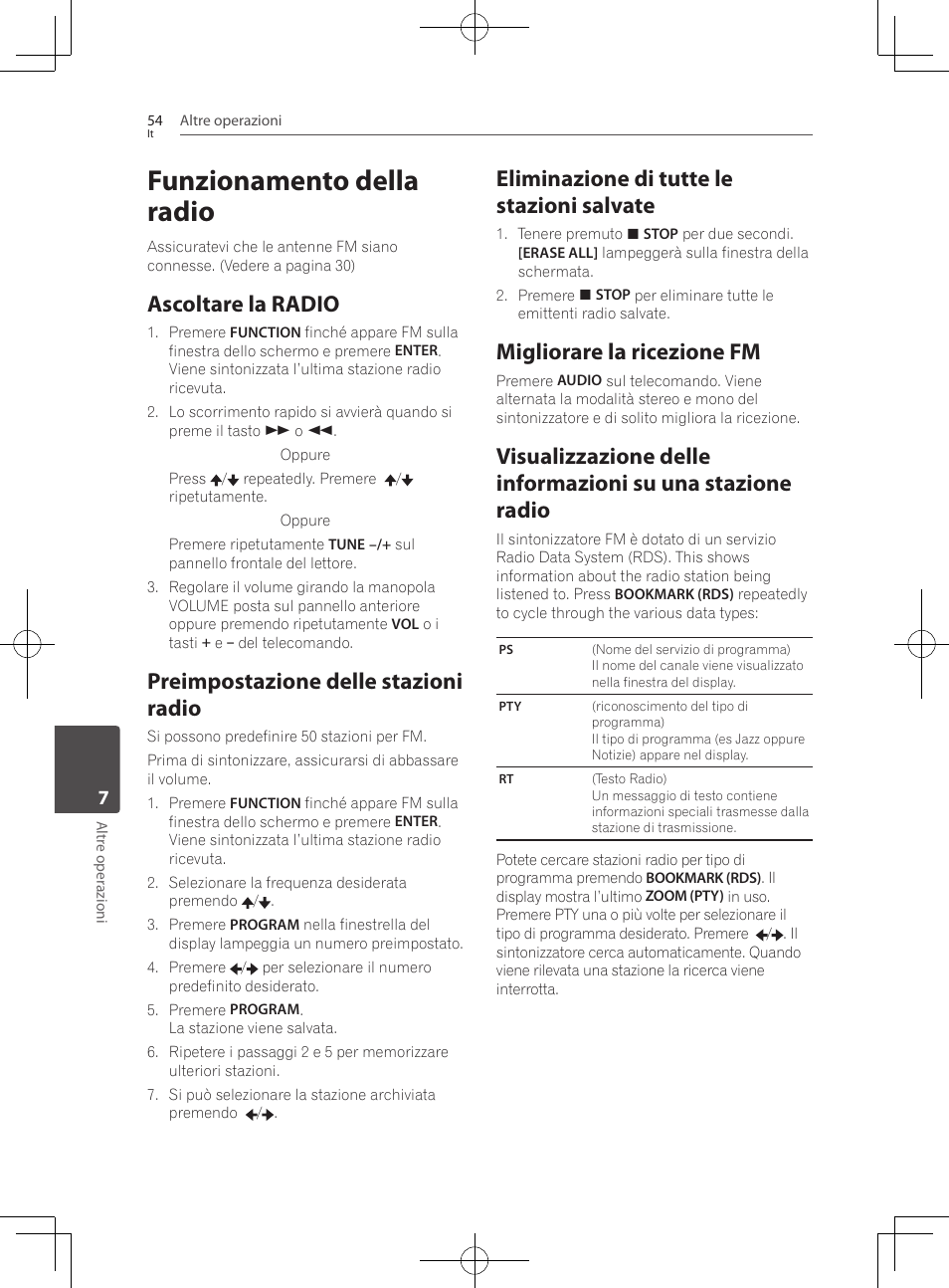 Funzionamento della radio, Ascoltare la radio, Preimpostazione delle stazioni radio | Eliminazione di tutte le stazioni salvate, Migliorare la ricezione fm | Pioneer BCS-222 User Manual | Page 290 / 468