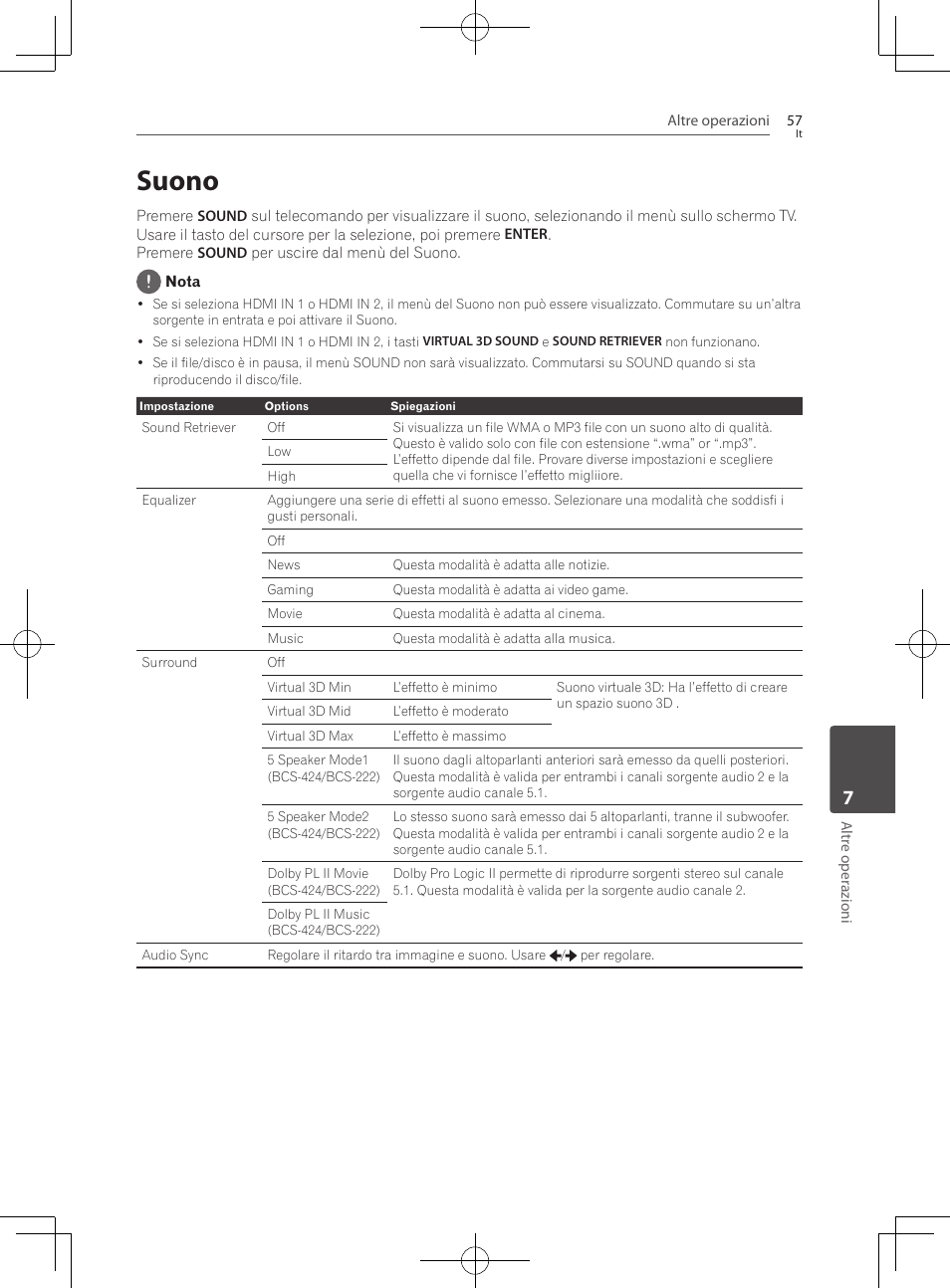 57 suono, Suono | Pioneer BCS-222 User Manual | Page 293 / 468